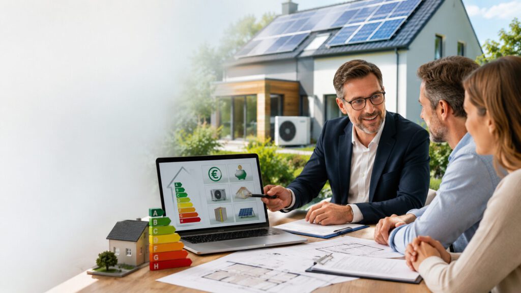 Fördermittelberater,Kontakt, Kfw,  BAFA, GEG , EEE Haus, ein Energieausweis mit Effizienzklassen A bis H sowie Symbole für Fördermittel, Euro (€), Wärmepumpe, Fassadendämmung, Dachdämmung und Solaranlage